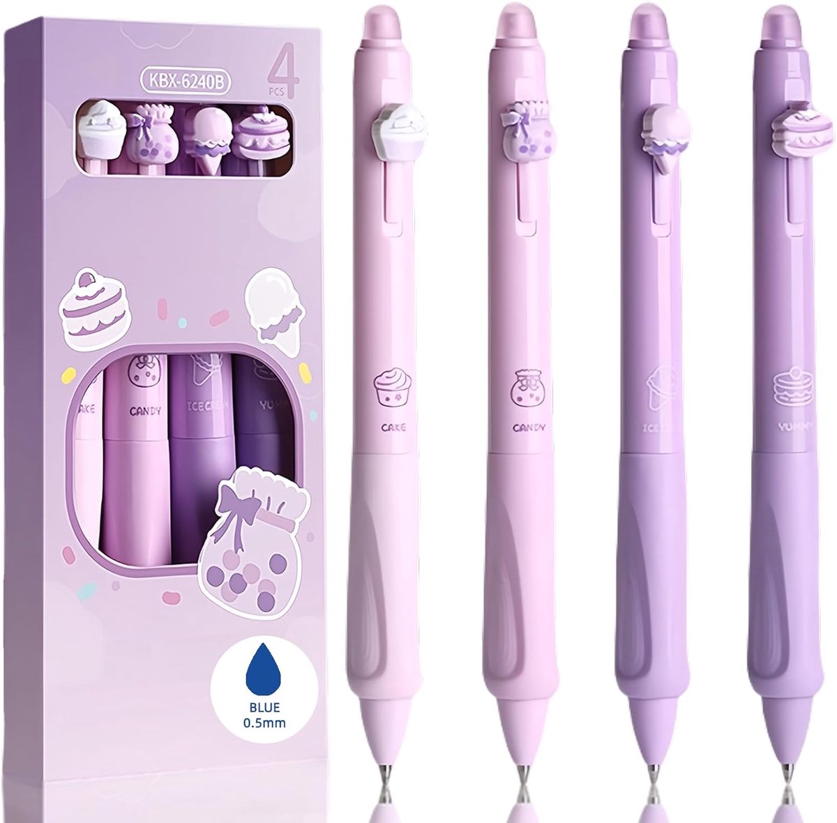 Set van 4 uitwisbare stiften – kogel aan het einde voor het verwijderen van inkt – uitwisbare intrekbare pen – warmtegevoelige inkt – blauw diameter van de punt 0,5 mm (A-Z Cake Schrijfkleur: Blauw)