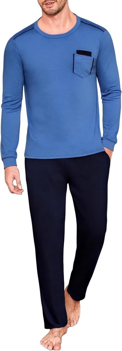 Pyjama voor heren, lang, katoen, zacht | T-shirt met ronde hals in borstzak, broek met trekkoord en zakken, los om te slapen en thuis