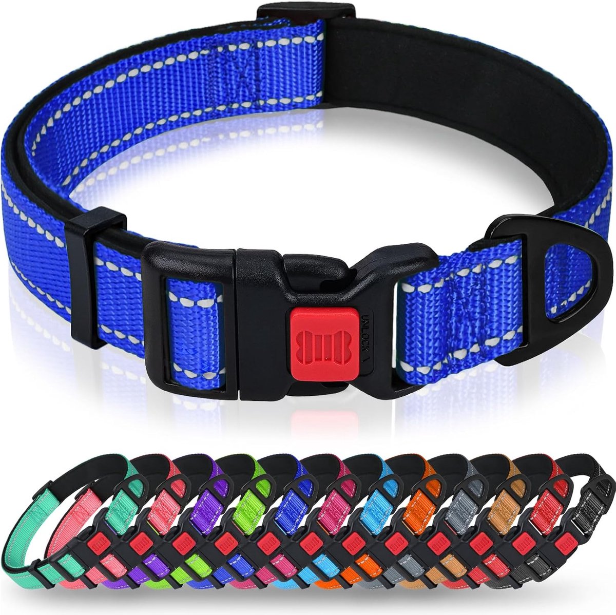 Reflecterende nylon hondenhalsband met veiligheidsgesp, verstelbare halsband, zachte neopreen voering, voor kleine honden, marineblauw