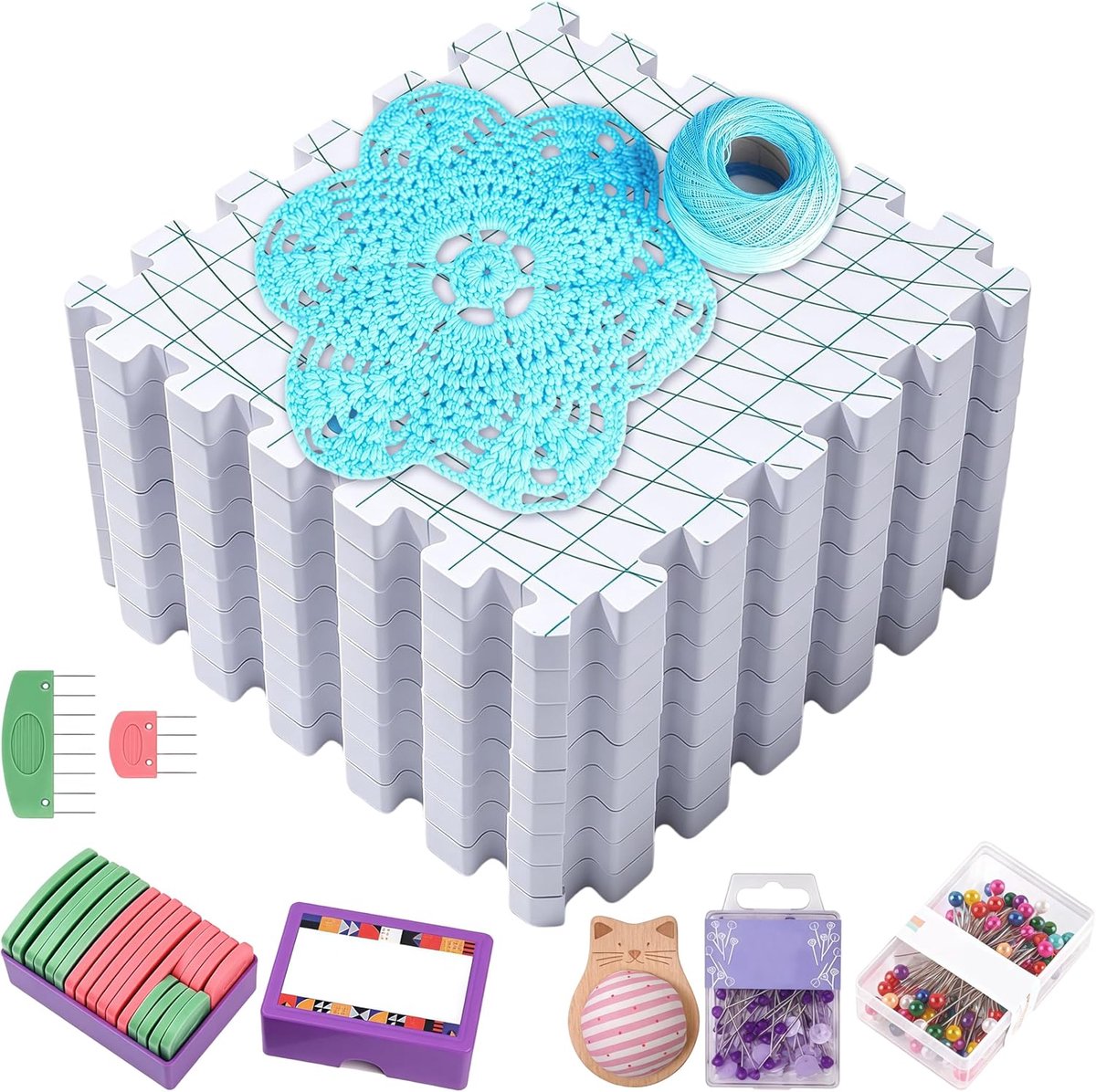 9 stuks spanmatten breien met raster, spanmatset met cijfers met Knit Blockers box, naaldhouder en 180 vormnaalden