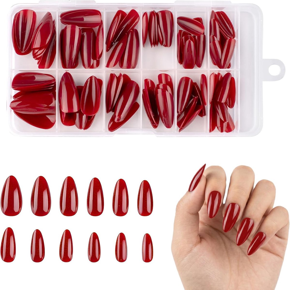 120 stuks middellange amandelvormige rode nagels | glanzende kunstnagels voor feest, bruiloft, Halloween, dagelijks (Donkerrood)