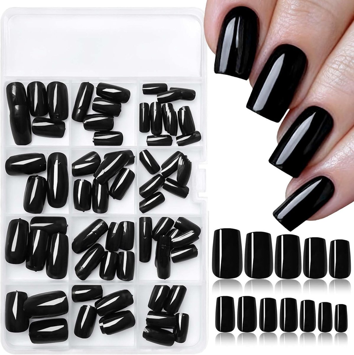 240 Stuks Zwart Druk-op Nagels Medium Vierkant Kunstmatige Nagels Volledige Bedekking Glanzende Valse Nagels Set voor Dames Meisjes Manicure Decoratie Herbruikba