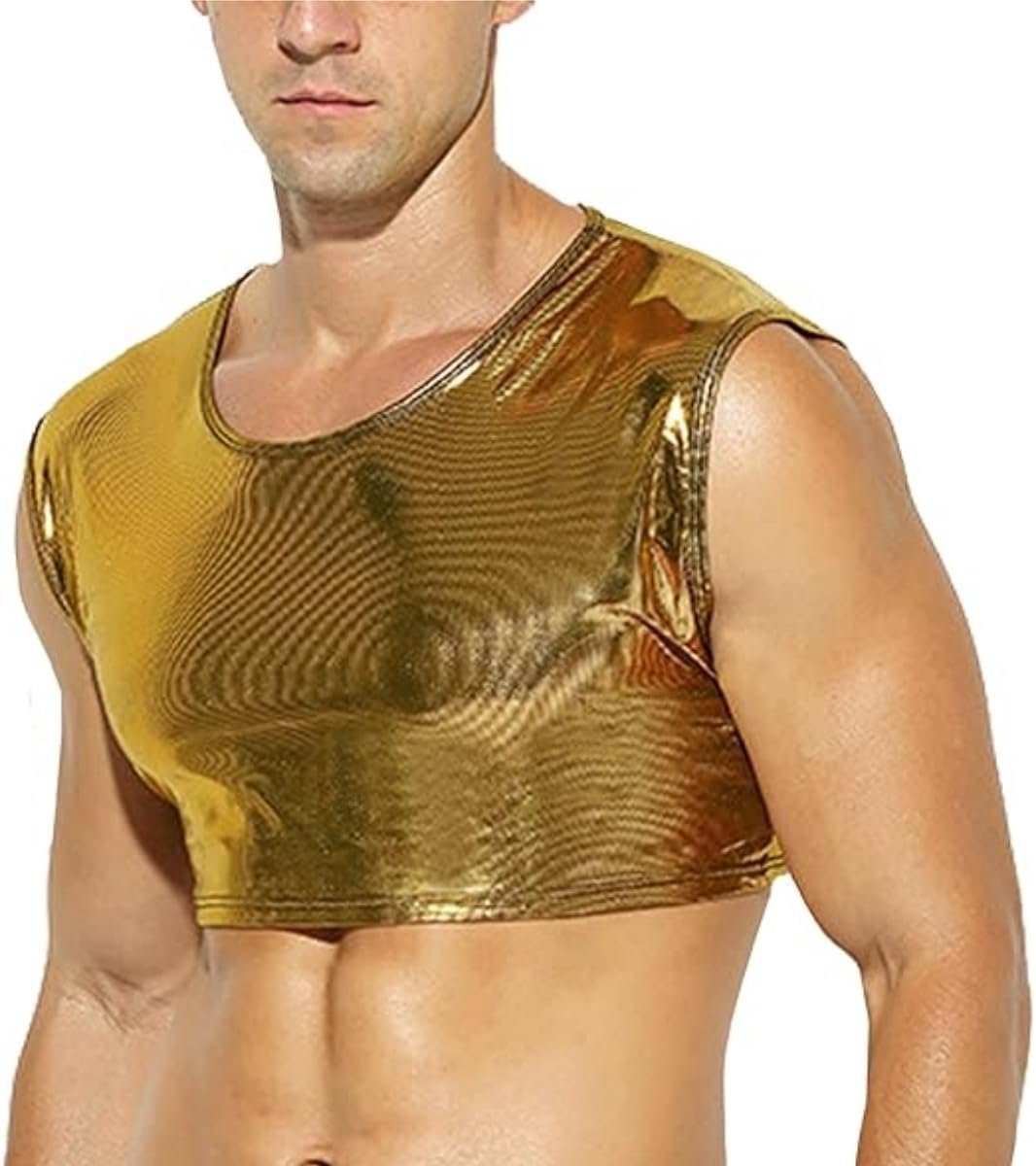 crop top voor heren, sexy kunstleer, ronde hals, korte tanktop voor feestjes, clubwear, mouwloos metallic, muscle-tightvest, clubwear, slim fit dansshirt, vest voor nachtclub, muziekfestival