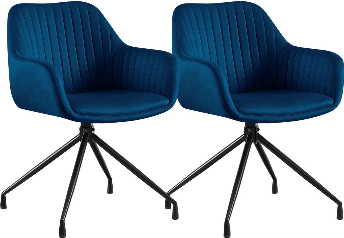 CLP Novanis Eetkamerstoelen Set van 2 - Draaibaar 180° met Terugkeerfunctie - Armleuningen - Metalen Frame Fluweel/donkerblauw
