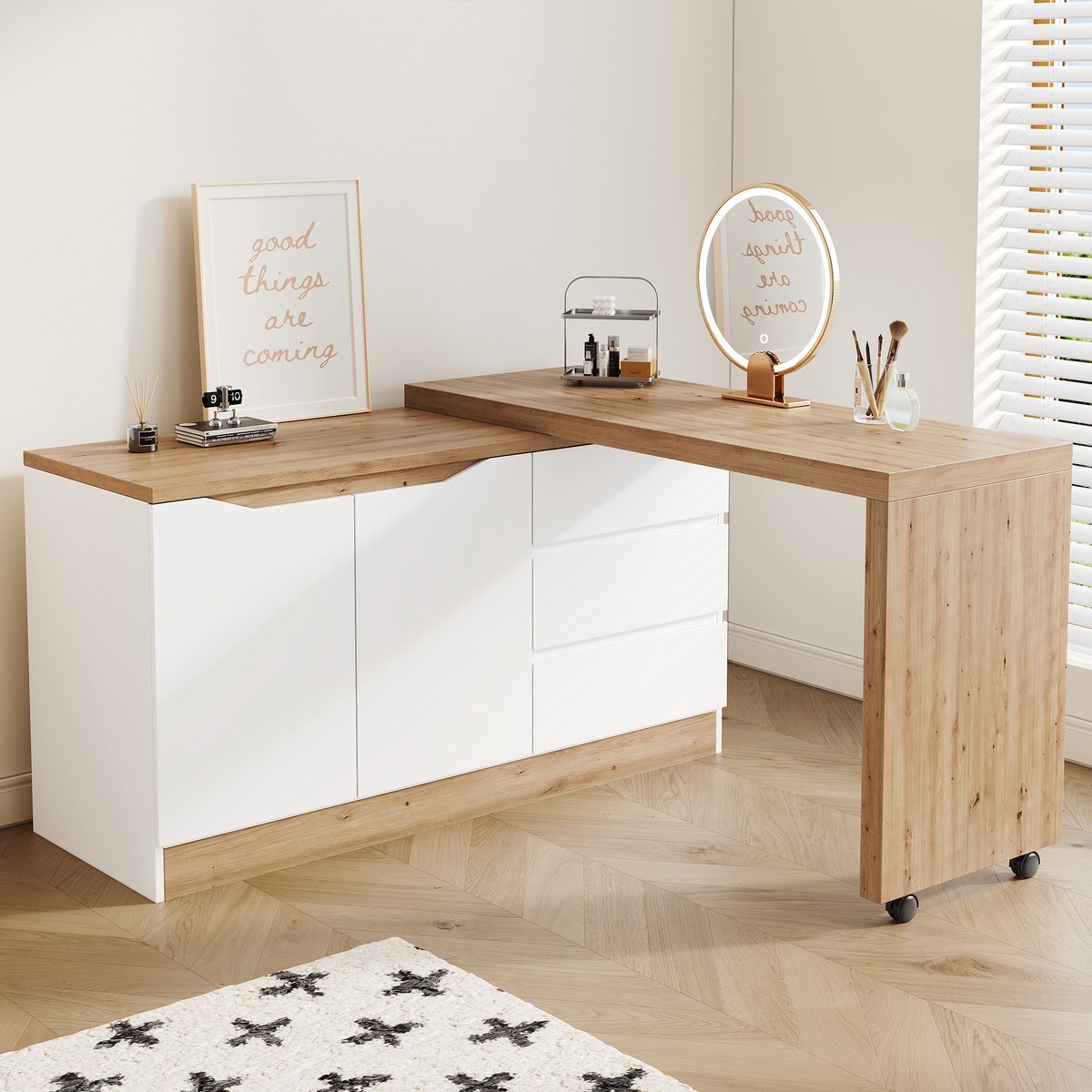 Bureau met vergrendelbare wieltjes - 4 cm draaibaar tafelblad - opvouwbaar hoekbureau - zijkast - wit en eik