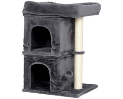 Kattenkrabpaal 66 cm Met 2 Slaapholletjes, Platform, Sisalkrabpalen, Compacte Kattenboom, Donkergrijs, 45x40x66 cm, Ruim Ligplateau Voor Grote Katten Tot 7 kg, Privé Schuilplekken, Verticale Kattenspeelplaats, Inclusief Speelbal, Zachte Bekleding, St