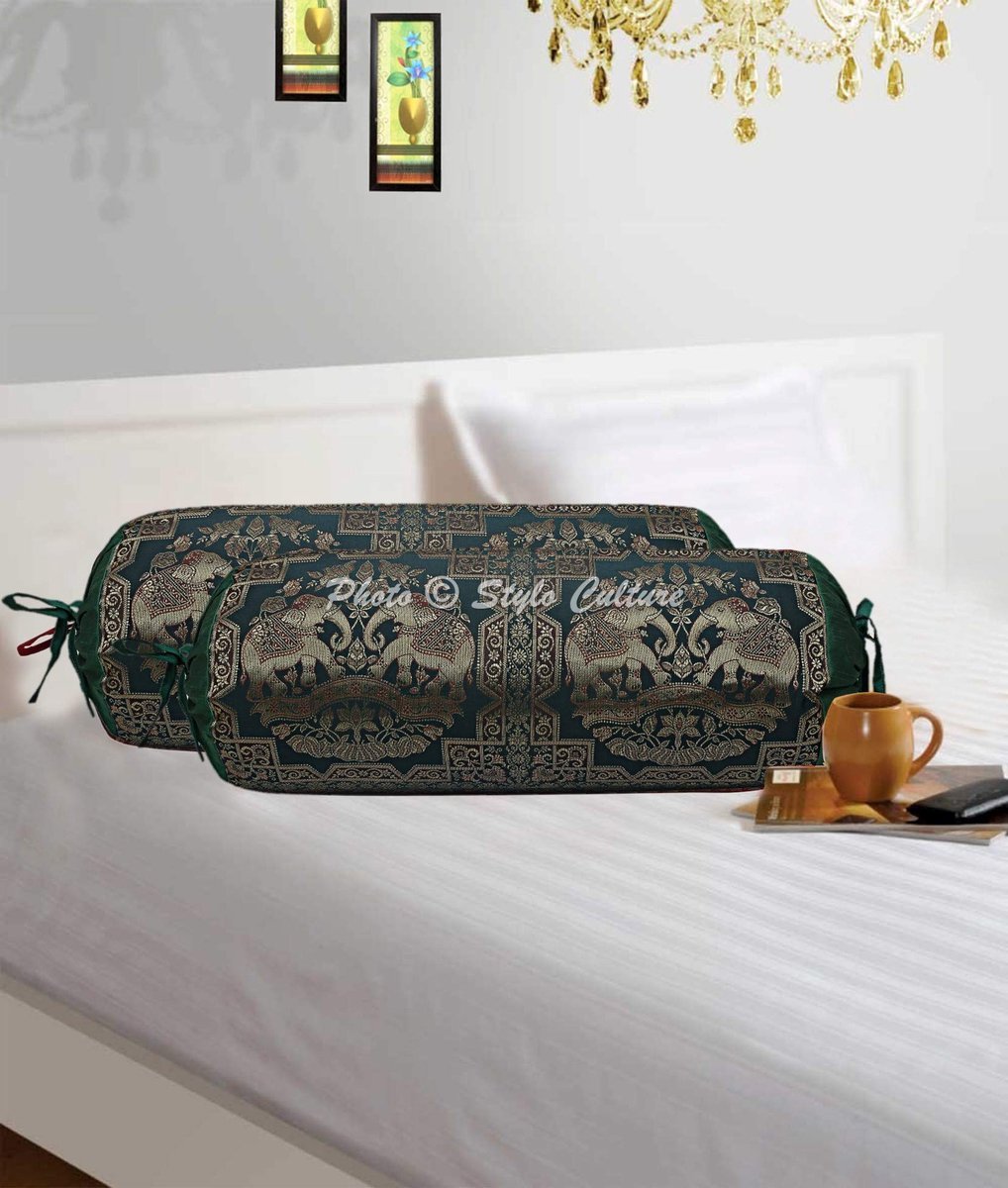 Omgoods - Ethnische Polydupion Donkergroene en Gouden Bolster Kussens (Set van 2)