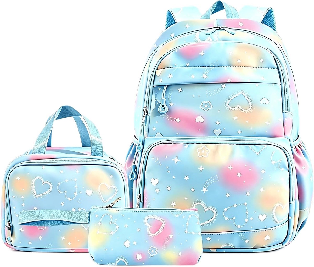 Ulisem - Schoolrugzak Set Meisjes – 3 Delige Rugzak met Lunch Tas & Etui – Grote Nylon Rugzak met Hartjes Design – Geïsoleerde Lunch Bag – Dagrugzak voor School, Reizen & Dagelijks Gebruik - blauw