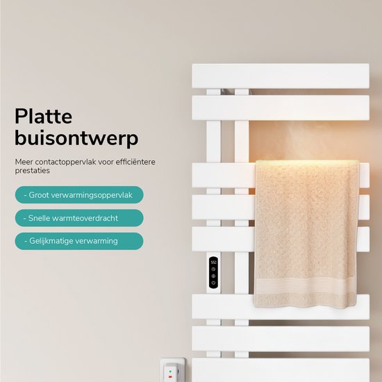 Witte handdoekradiator met een plat buisontwerp, met een beige handdoek erop en een display met temperatuur.
