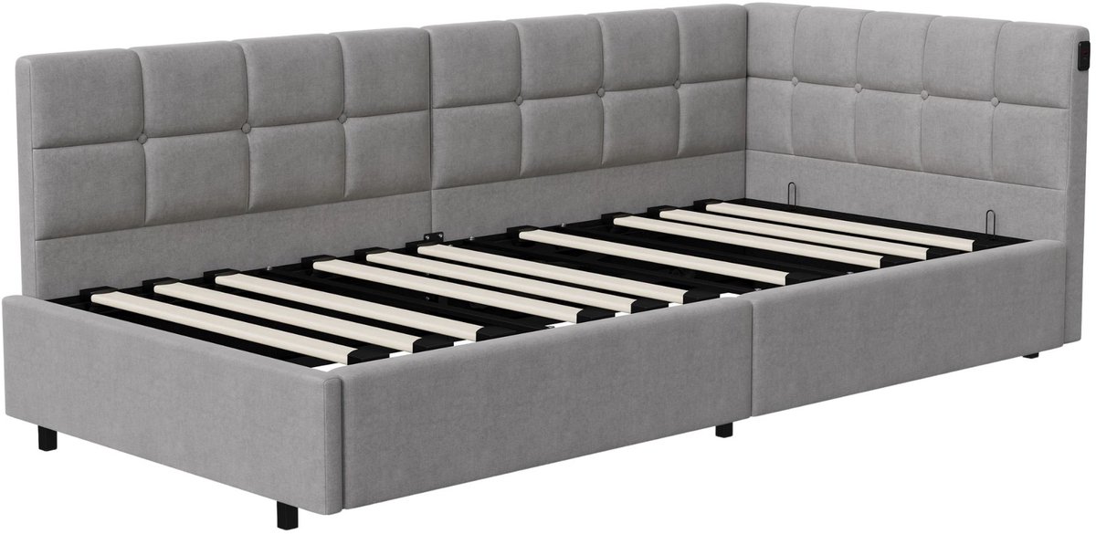 Happiq Kinderbed 90x200 cm Grijs - met Lattenbodem, Opbergruimte, Hoofdbord