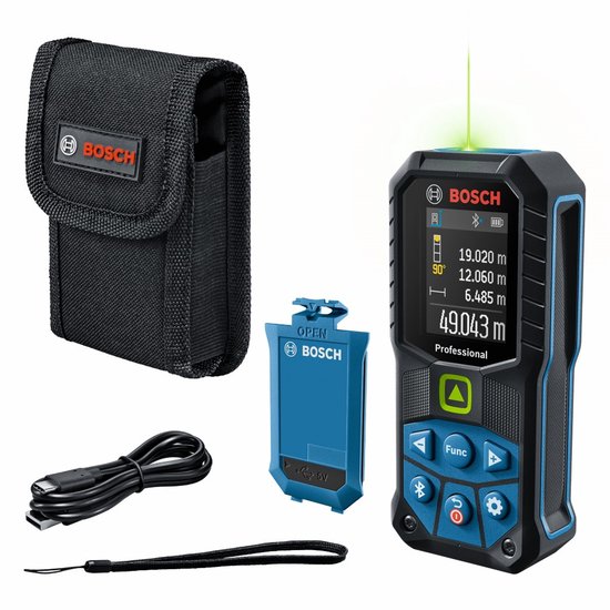 Télémètre laser Bosch Professional avec laser vert, affichage 49.043 m. Housse, batterie et câble USB inclus.