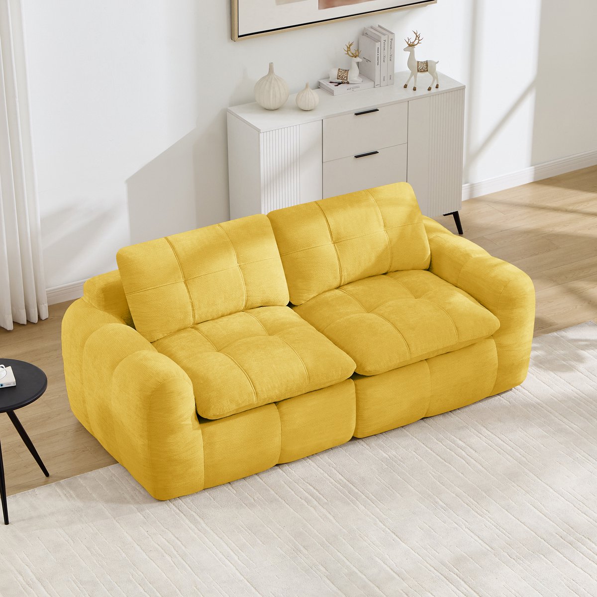 Moderne Tweezitsbank, Modulaire 2-Zitsbank, Vierkante Stiksels, 32D Schuim Met Hoge Dichtheid, Chenille, Diepe Zitting, Minimalistisch, Geen Montage Nodig, Voor Appartement, Woonkamer En Slaapkamer-Geel