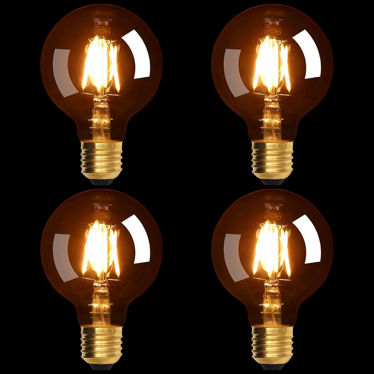 4 Stuks Dimbare Vintage LED Lampen E27, G80, 4W, 220-240V, Warm geel licht 2200K, Amberkleurig glas, Decoratieve Lampen