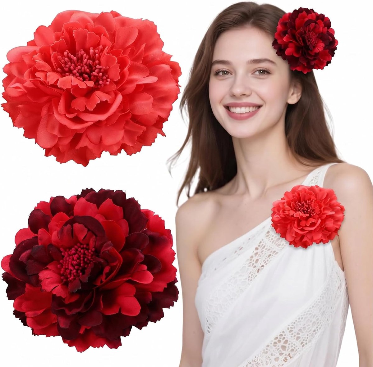 2 stuks flamenco-bloemen voor dames en meisjes, grote flamenco-bloemen, 11 cm, met clip en broche, anjers voor april en Sevillan-feesten, flamenco-accessoires, bordeaux en watermeloenrood