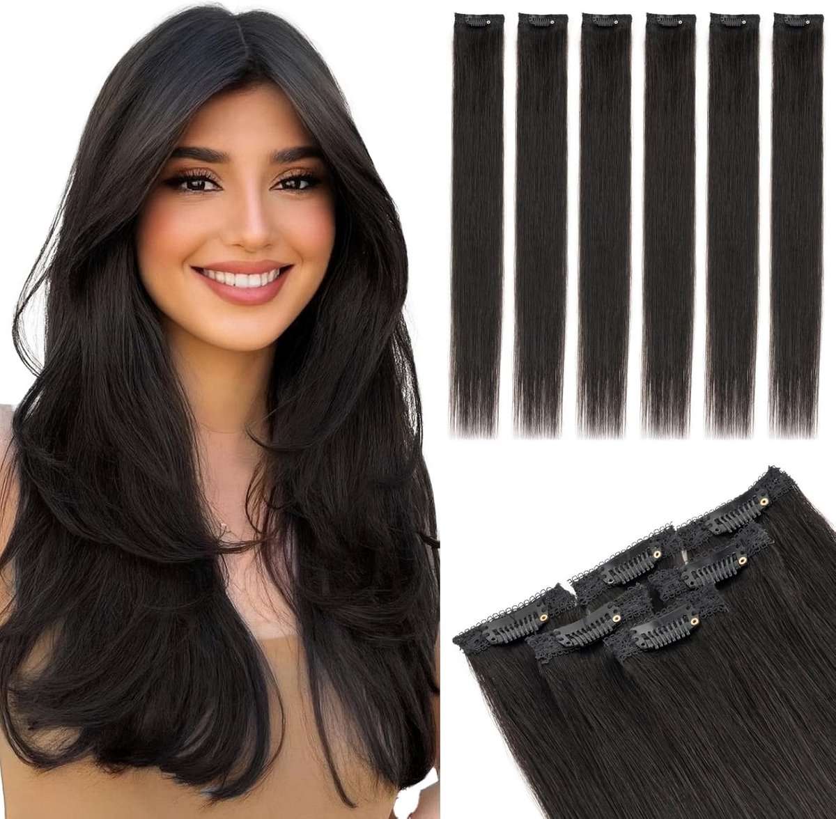 Clip-in Extensions Echthaar 6 stuks, 40 cm haarverlenging Natuurlijk, single clip haarextensie Highlights voor vrouwen Dames, glad, natuurlijk zwart (#1B, 40 g)