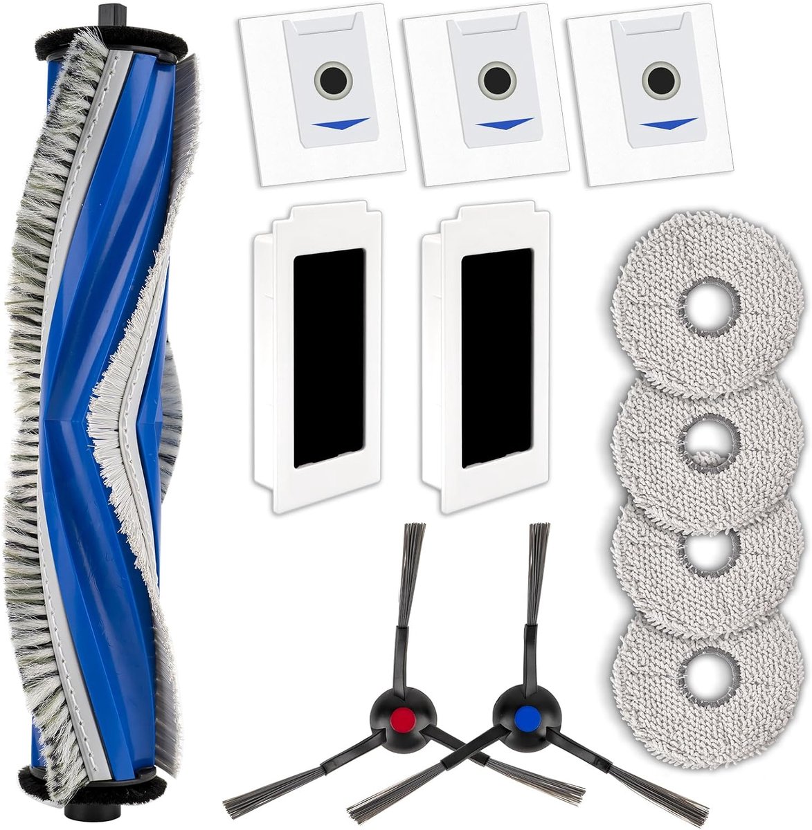 (12 stuks) Vervangende Onderdelen Compatibel met ECOVACS DEEBOT T30 Omni/ T30 Pro Omni/Yeedi M12 Pro+ Robotstofzuiger, 1 Rolborstel, 2 Zijborstels, 2 HEPA-Filters, 3 Stofzakken, 4 Dweilpads