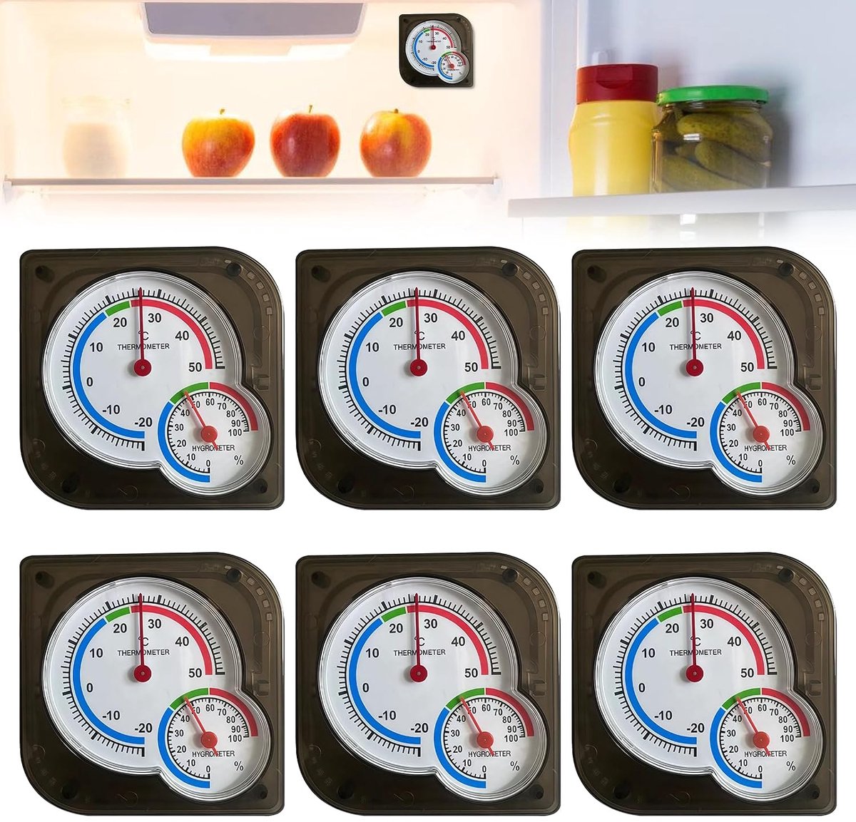 6 stuks Analog Thermo-Hygrometer: 7,5×7,5 cm Thermometer Hygrometer 2 in 1, Analoge Monitor voor Binnen en Buiten Temperatuur, Wijzerplaat Type Temperatuur en Vochtigheidsmeter voor Huizen