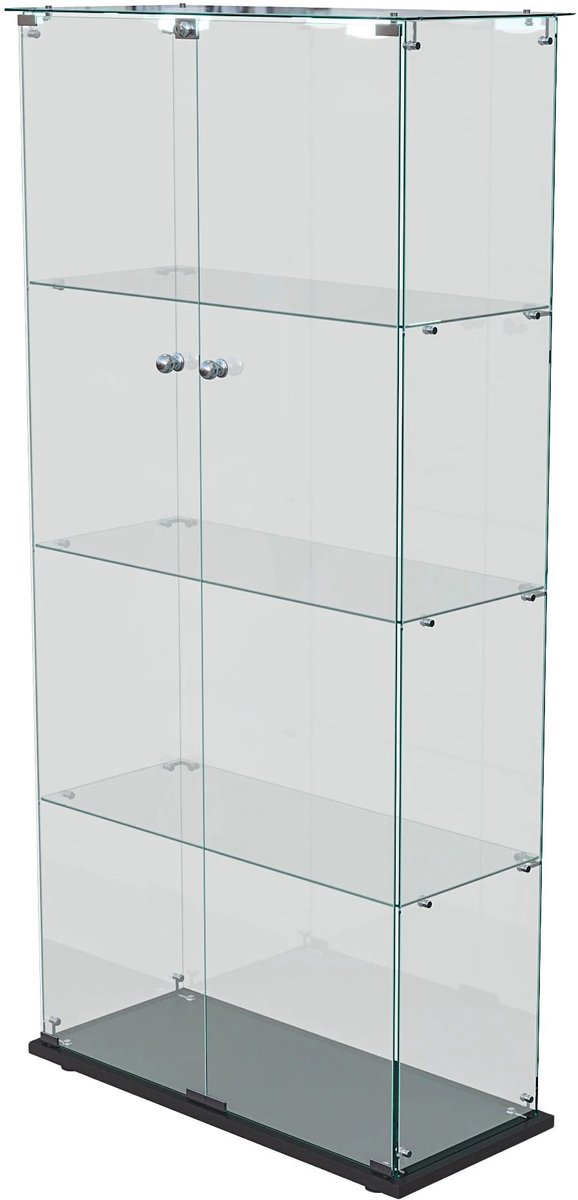 Happiq Glazen Vitrinekast Zwart - Displaykast met 2 Deuren, Glazen Planken