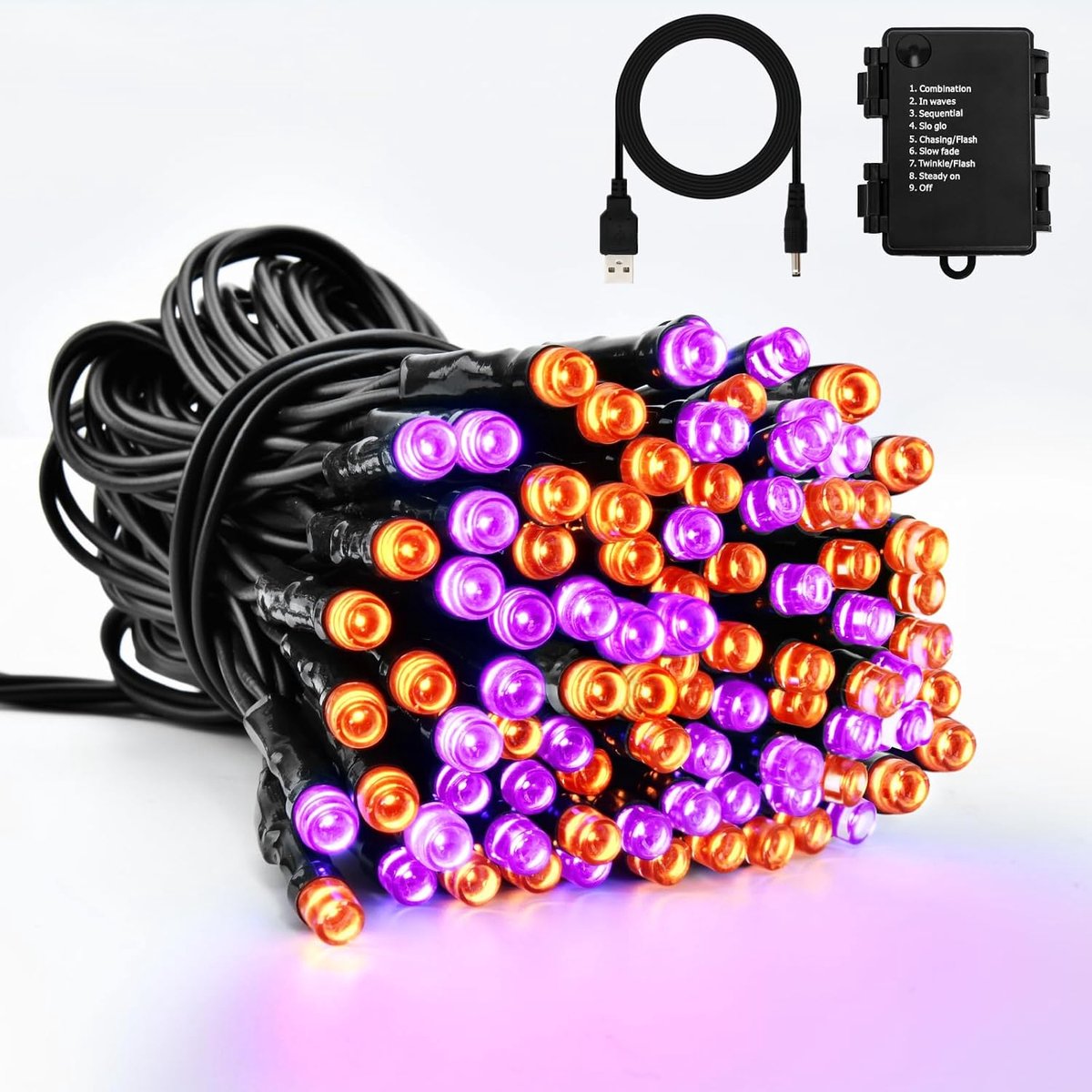 Lichtsnoer op batterijen, 5 m, 50 leds, USB, oranje, paars, lichtketting met timer, 8 modi, IP65 waterdicht, met zwarte kabel voor binnen en buiten