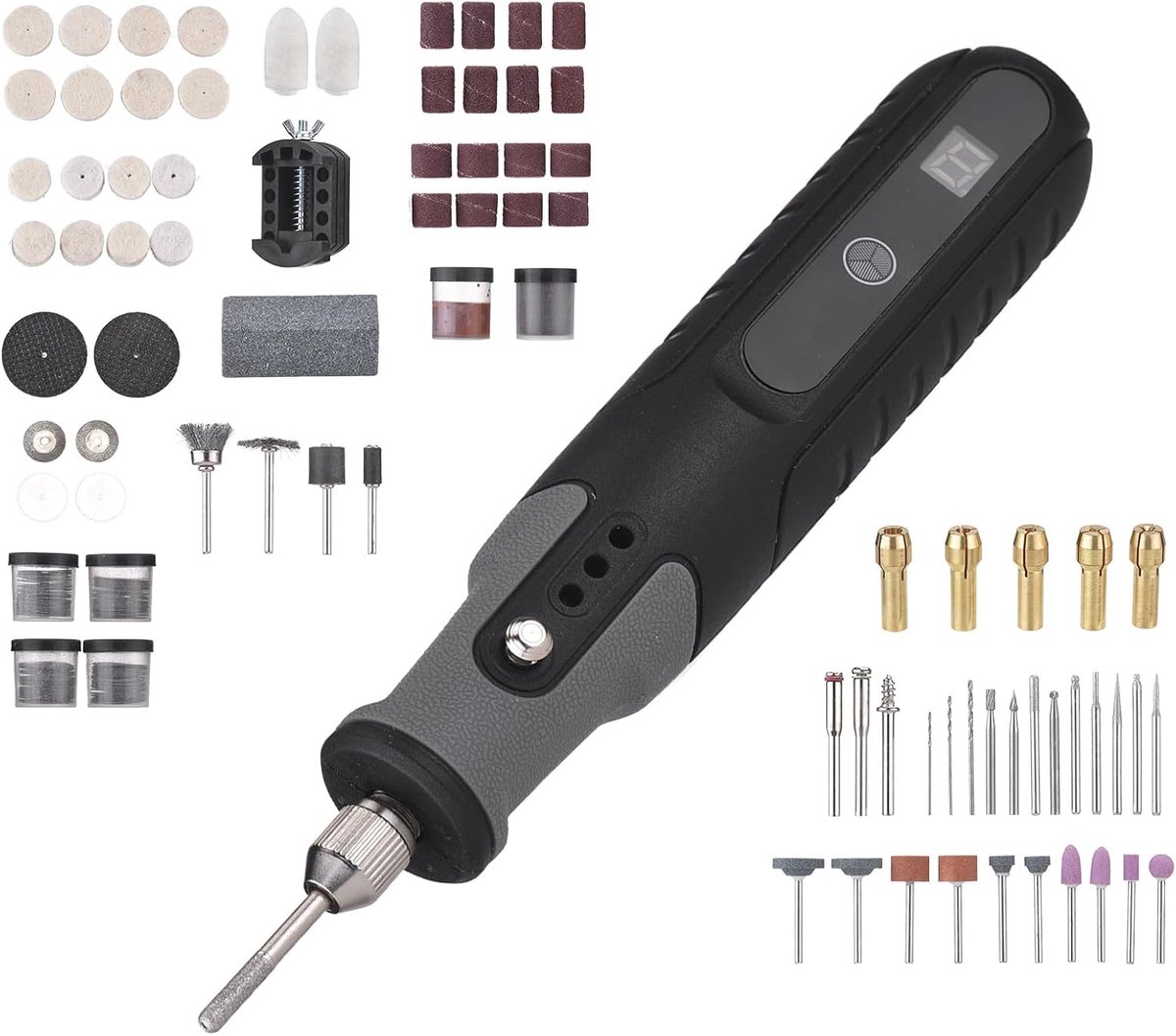 25.000 omw/min, 5 snelheden, snijgereedschap, aangedreven door een oplaadbare accu, met 23 soorten accessoires, lcd-display voor slijpen, polijsten