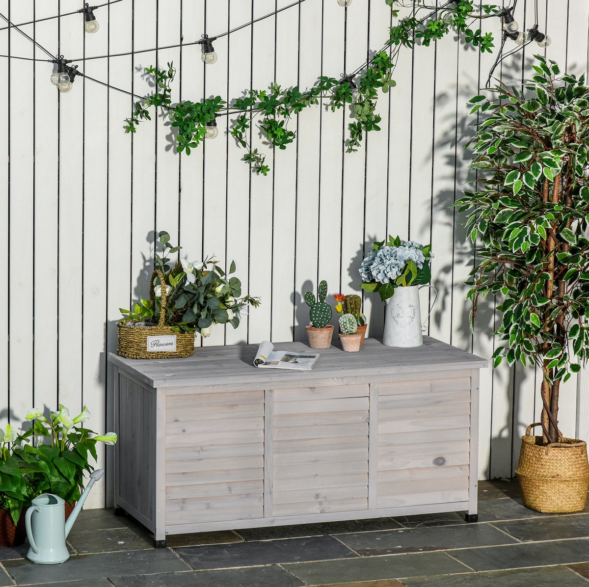 Kussenbox Waterbestendig 127 x 56 x 60 cm Hout Lichtgrijs Voor Tuinkussens, Gereedschap En Buitengebruik