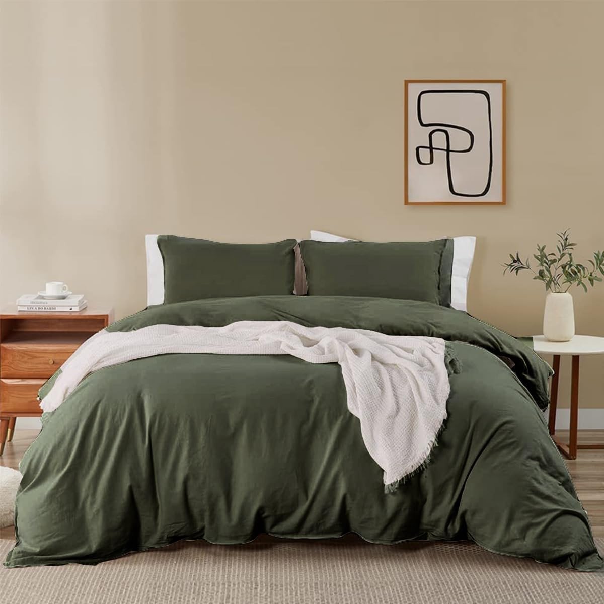 Luxe beddengoed set met dekbedovertrek 200 x 220 cm en 2 kussenslopen 80 x 80 cm, zacht, kreukvrij en met rits, olijfgroen