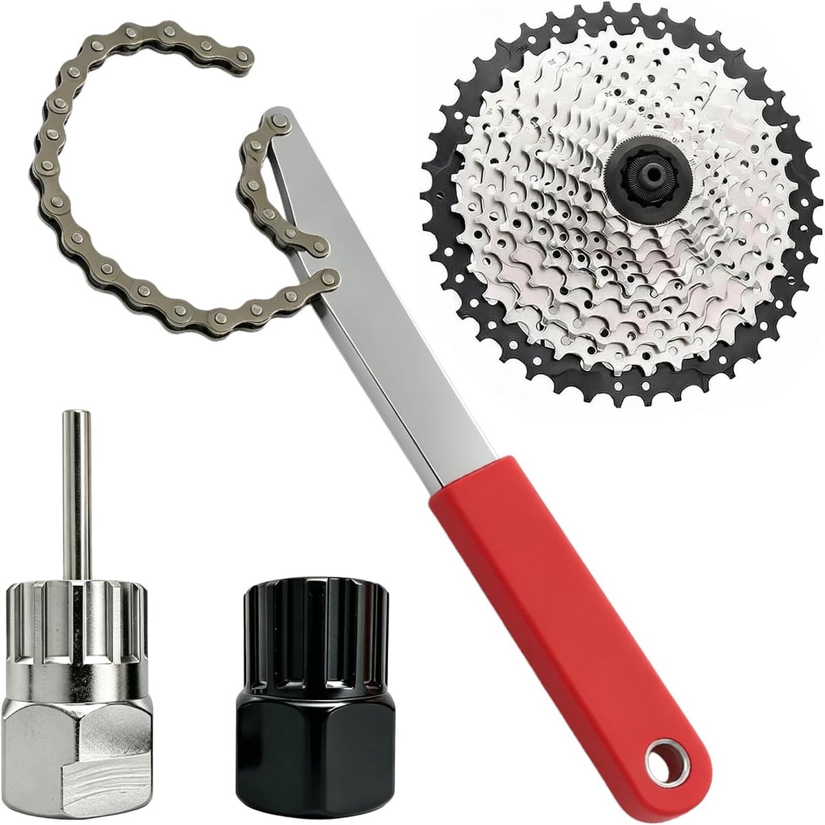 Fietskettingzweep met tandwieltrekker en cassette-trekkerset, universeel fietsgereedschap voor cassettewisseling, tandwieltrekker voor 7, 8, 9, 10, 11, 12-voudige cassette
