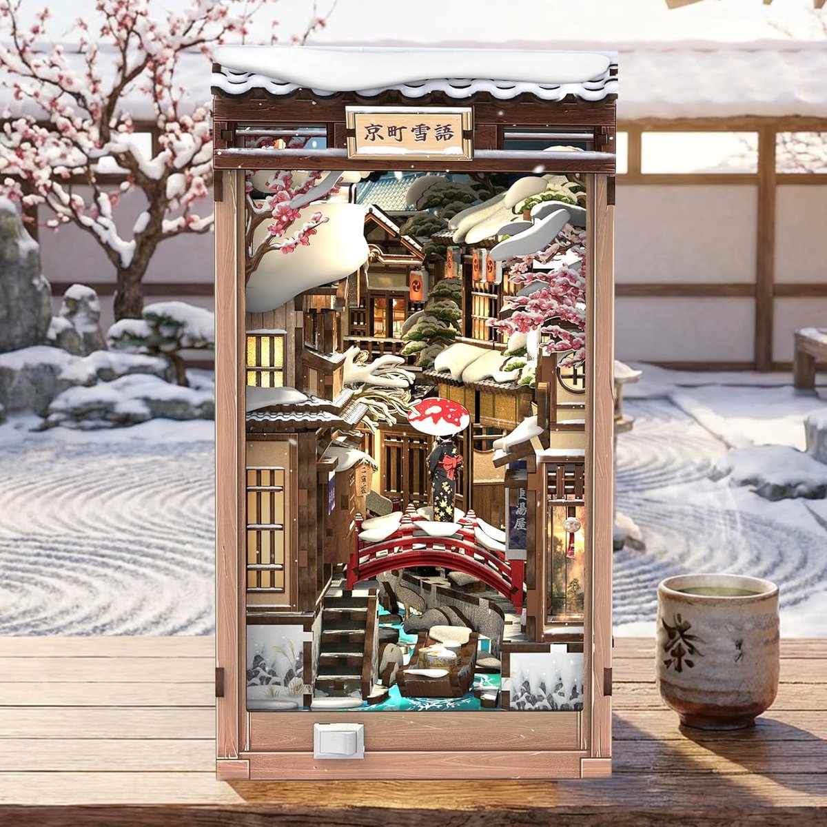 Book Nook Bouwpakket - DIY Poppenhuis voor Volwassenen, 3D Houten Puzzel met LED, Kyoto Sneeuwlandschap Miniatuur, Boekenplank Decoratie, Handgemaakte Cadeaus (Kyoto Snow Whisper)