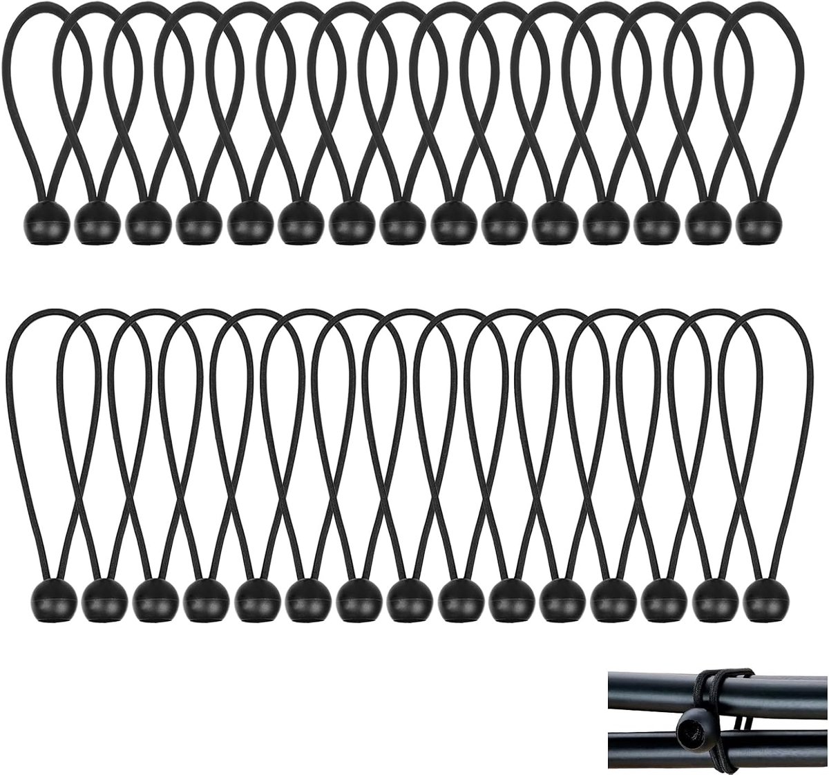 30 Stuks Zeilspanners met Kogel, Zwarte Rubberen Spanner met Bal