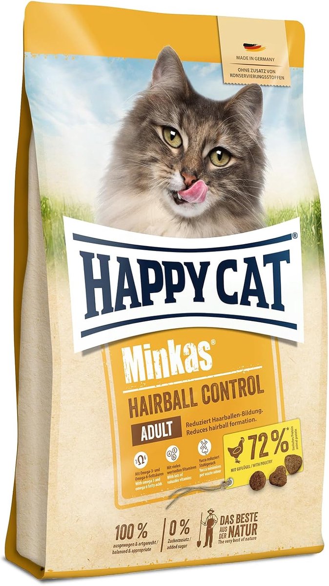 SnelShoppen - Droogvoer voor Volwassen Katten - Happy Cat Minkas Haarbal Controle - Kip - 10 kg - Hoogvezelig - Gezond & Duurzaam
