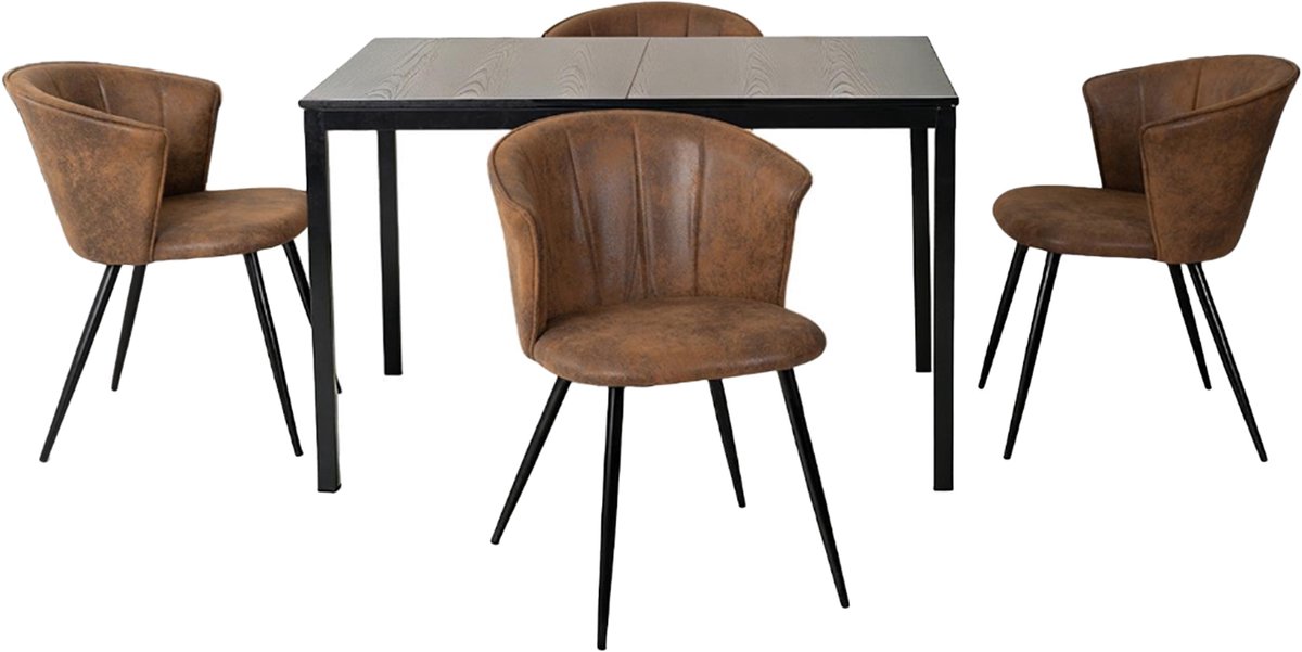 Eethoek - Uitschuifbare Houtlook Tafel Met 4 Vintage Stoelen - Bruin