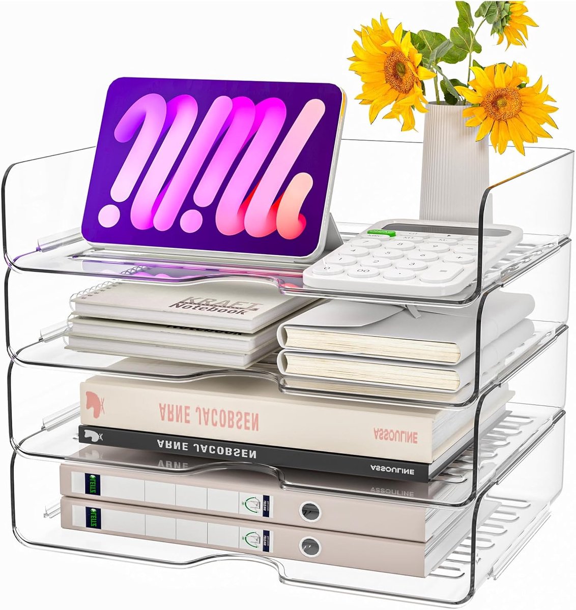 SnelShoppen - Set van 4 Premium Kwaliteit Acryl Briefbakken, Transparante Opbergcompartimenten, Stapelbare Documentenbak, A4 Formaat, Modern en Duurza