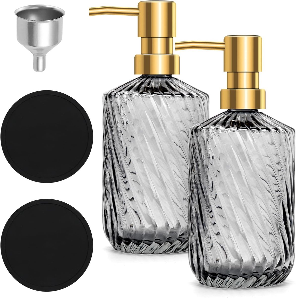 SnelShoppen - Set van 2 Glazen Zeepdispensers 450 ml met 2 Zwarte Onderzetters en 1 Trechter, Navulbare Zeepdispenser voor Keuken en Badkamer, Grijs