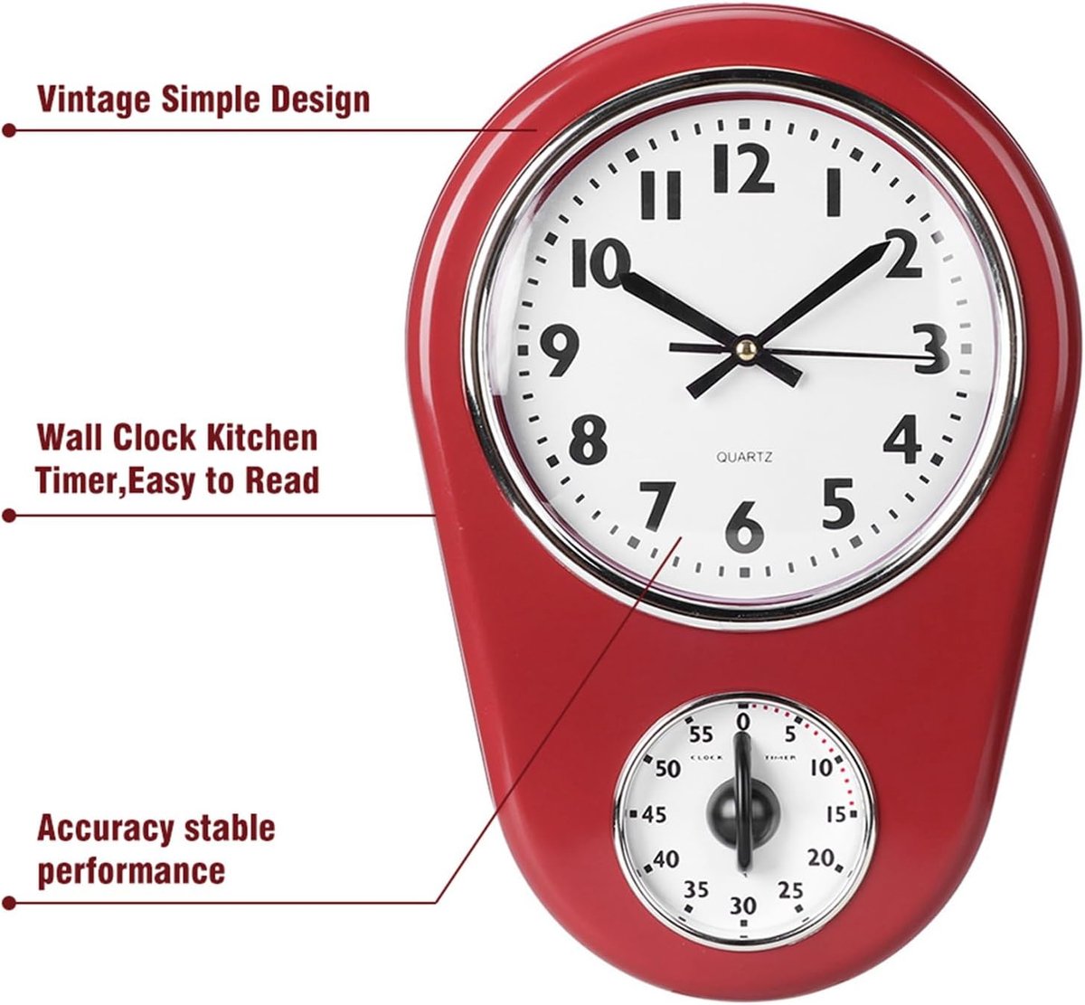 SnelShoppen - Vintage Wandklok met Timer, Retro Keukenklok, 21.5 x 31.5 cm, 60 Minuten Timer, Rood en Wit, Makkelijk Afleesbaar voor Keuken en Woonkam