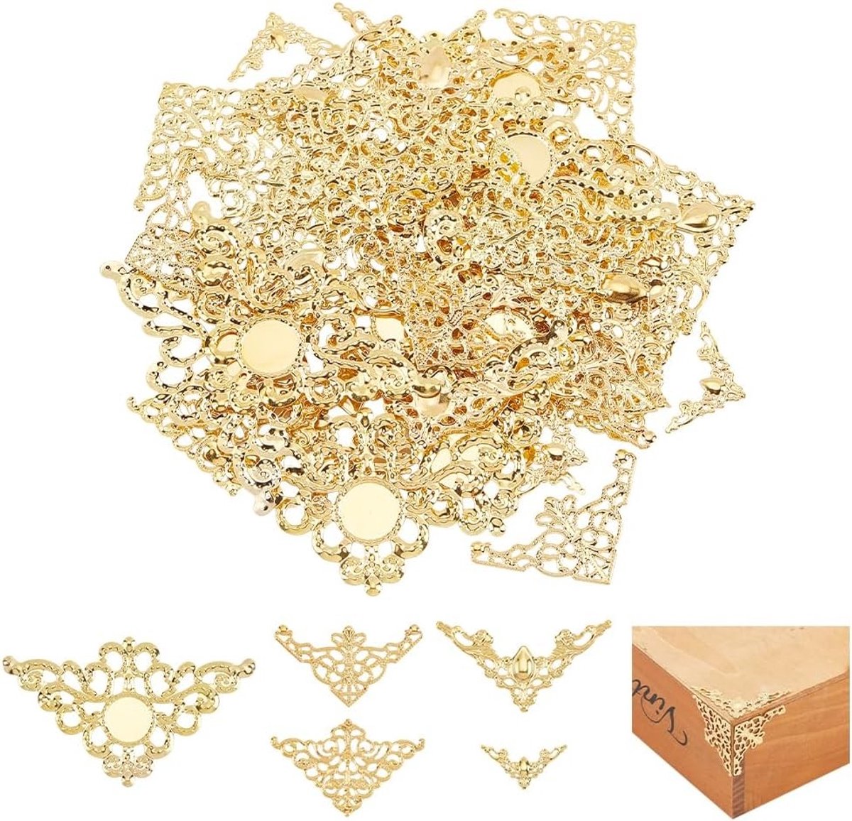 100 Stuks Hoekbeschermers in 5 Stijlen - Gouden Filigree Hoekdecoraties voor Boek, Album en Sieraden Maken
