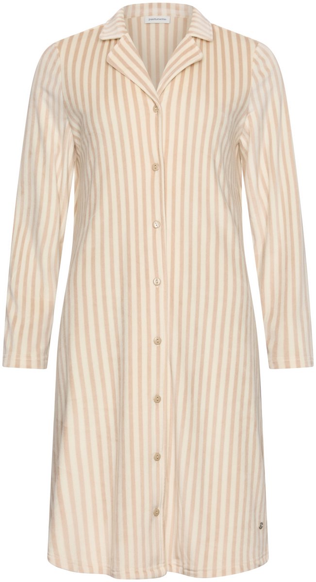 Pastunette - Nachthemd - Softness - Doorknoop - Velours Fleece - Beige/Wit - Gestreept - Maat 38