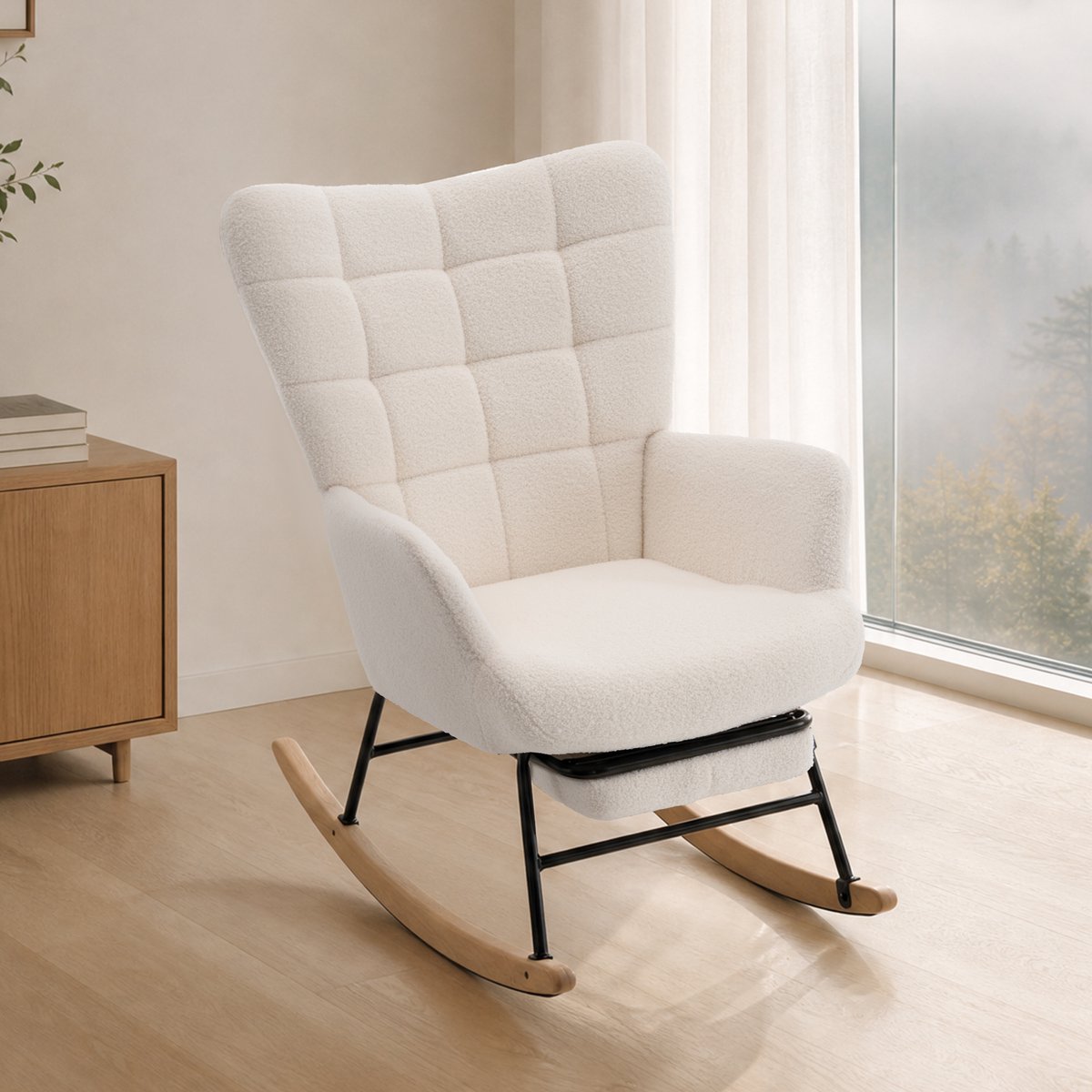 REDOM Schommelstoel - Relaxstoel 91 cm - Moderne Lounge Schommelstoel - Comfortabel en Stevig Frame - Voor Woonkamer Balkon Terras - Metaal en Hout - Beige