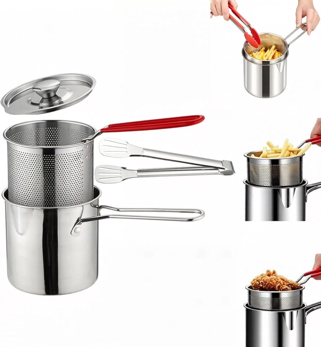 Mini-friteuseset van roestvrij staal – Inclusief frituurmandje en tang – 1,2 literCompacte friteuse – Voorzien van handgreep met goede grip – Geschikt voor het frituren van friet, taro-balletjes, kippenvleugels en vis