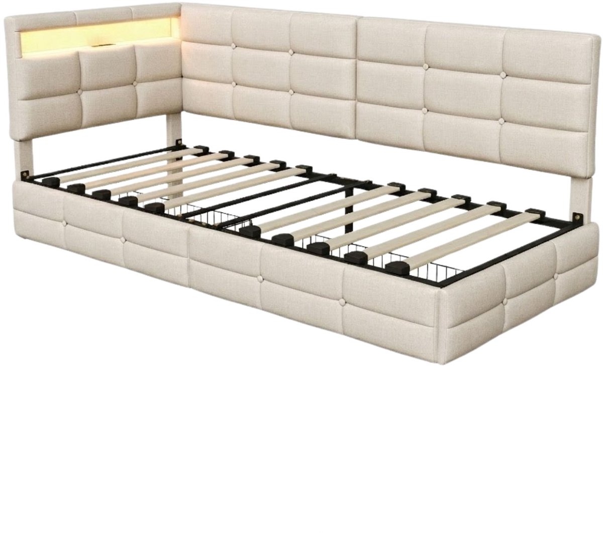 Happiq Kinderbed 140x200 cm Beige - met Opbergruimte, LED, Oplaadstation