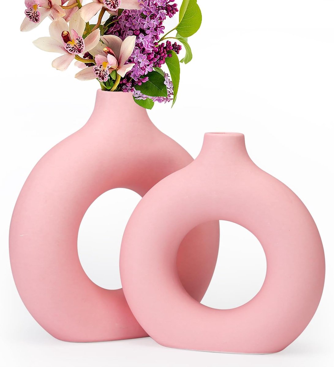 SnelShoppen - Set van 2 Lichtroze Keramische Vazen voor Moderne Huishouddecoratie, Ronde Matte Pampasbloemen Vazen, Minimalistisch Scandinavisch Boho