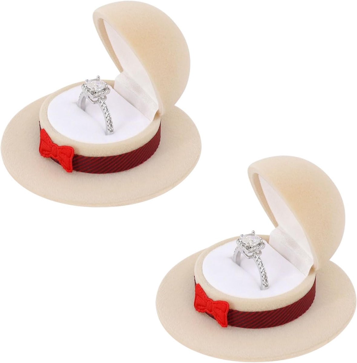 SnelShoppen - 2 Stuks Fluwelen Ringendoosjes met Hoedvorm, Draagbare Kleine Ringbox voor Verloving, Bruiloft, Premium Materiaal in Romantisch Rood