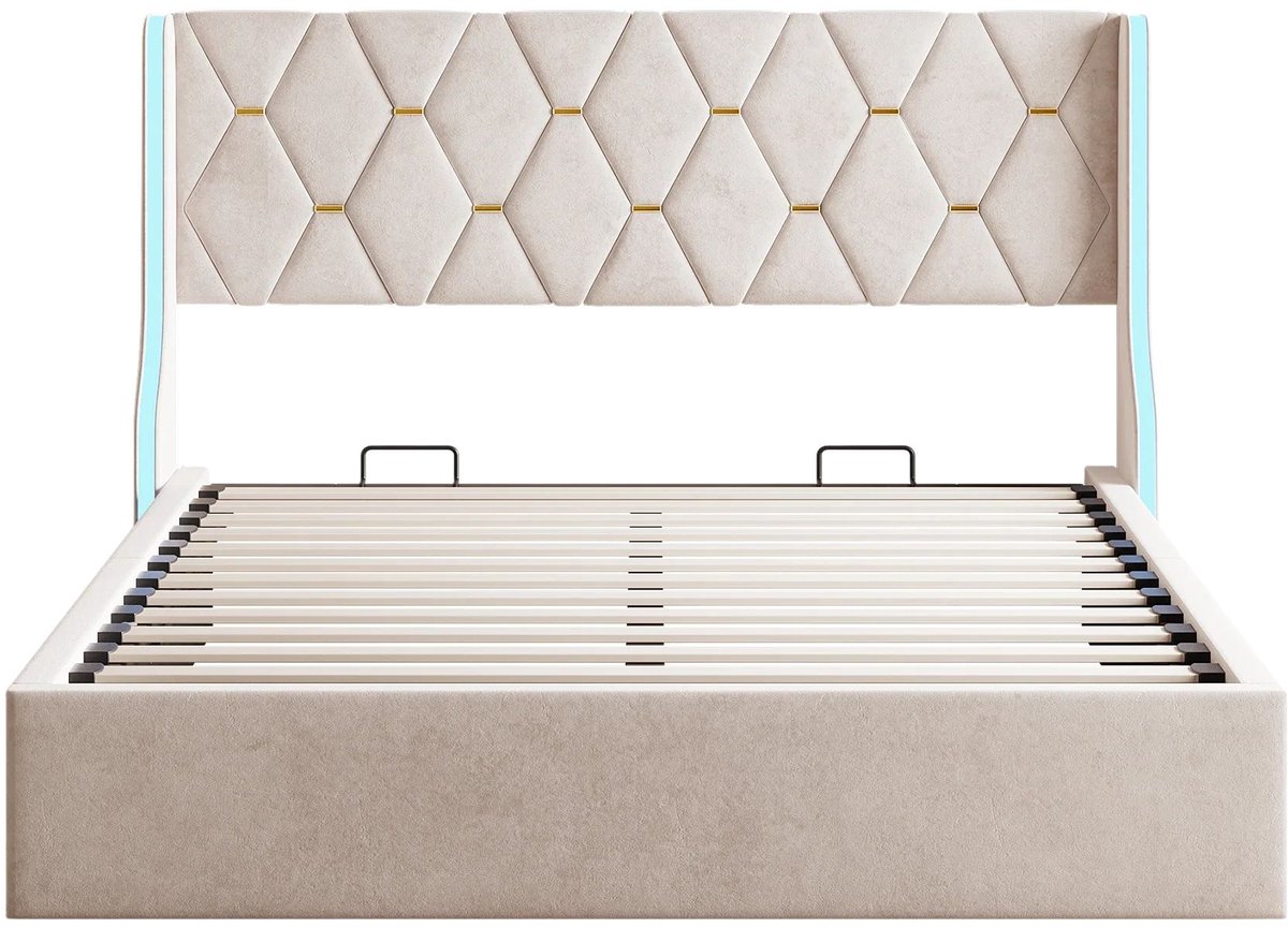 Happiq Gestoffeerd Tweepersoonsbed 140x200 cm Beige - met LED Verlichting, Opbergruimte, Hoofdbord
