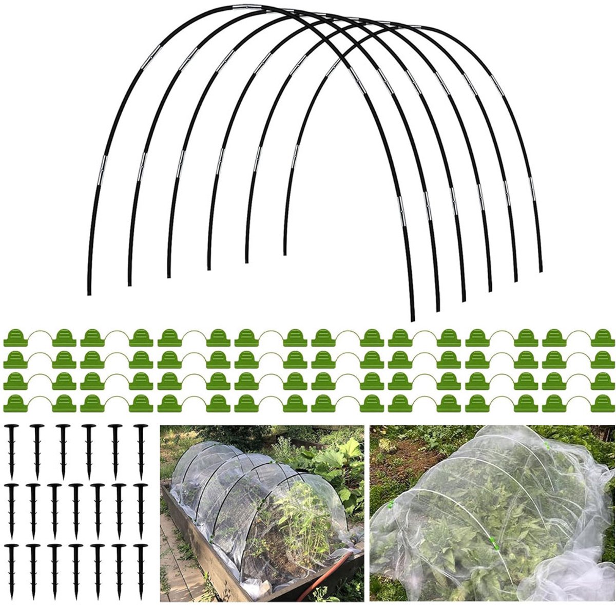 Tuinhoepels, kweektunnel, kashoepels voor verhoogde plantenbedden, roestvrij glasvezelframe voor tuinnetten, kleine kasset, schaduwdoek, plantenrijafdekkingen, 18 stuks