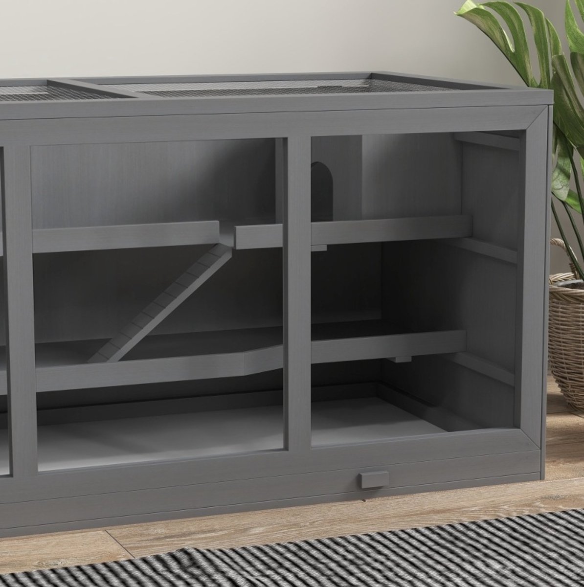 REDOM - Knaagdierkooi - Drielaags ontwerp - Met trap en opklapbaar dak - Afsluitbare opening - Voor binnen - Hout en draadgaas - Grijs - 115 x 57 x 55 cm