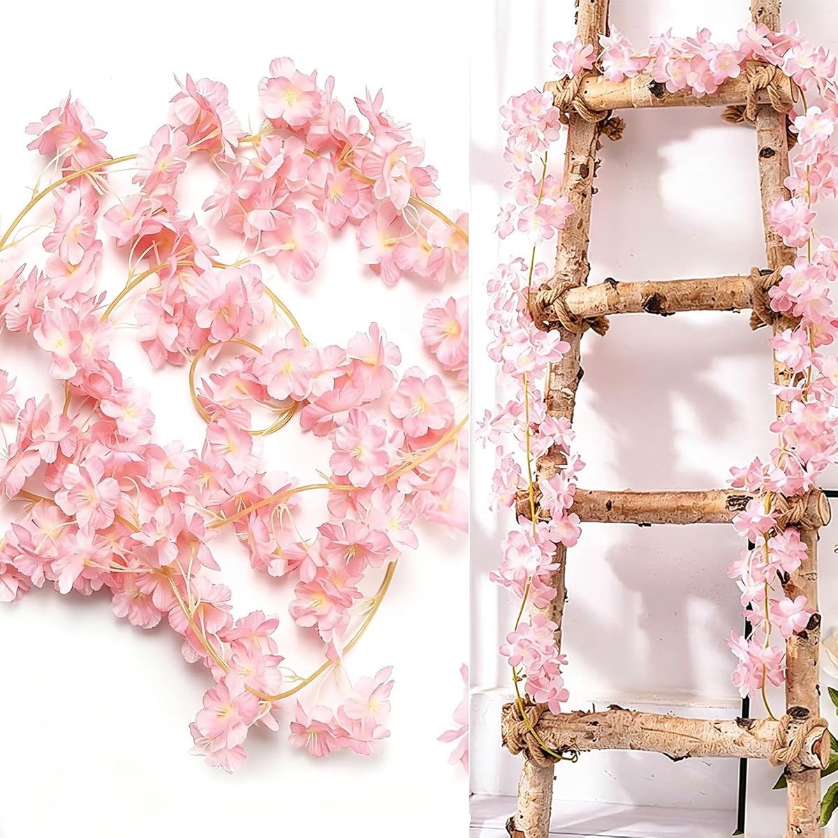 3 stuks kunstkersenbloesem-slinger, decoratieve slinger, 5,4 m, roze bloemenkrans voor bruiloft, feest, lente en huisdecoratie, hangende kunstbloemen, ranken voor kamer, muur, woonkamer