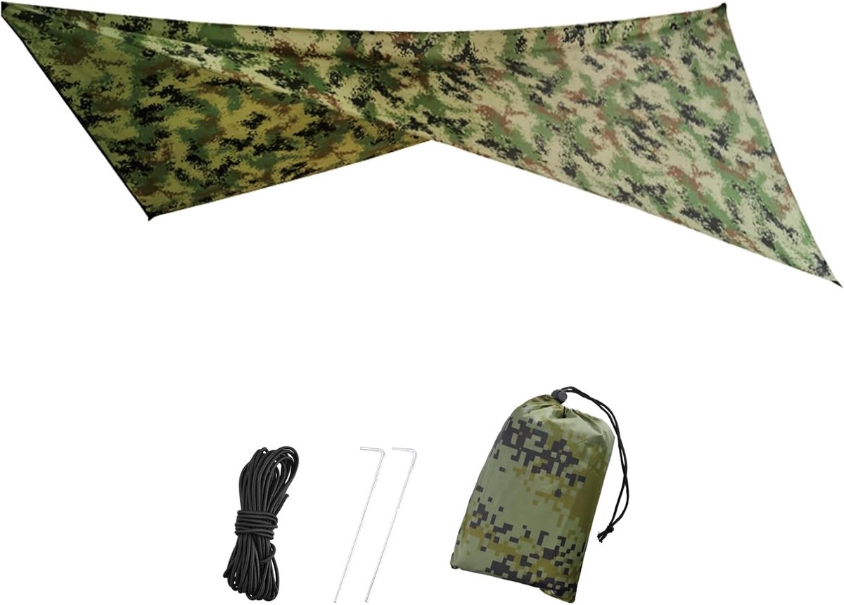 Waterdichte campingzeil, beschutting lichtgewicht hangmat, regenvliegtent, dekzeil voor wandelen, strand, picknick, inclusief haringen, touwen, draagtas (camouflage, 230 x 140 cm)