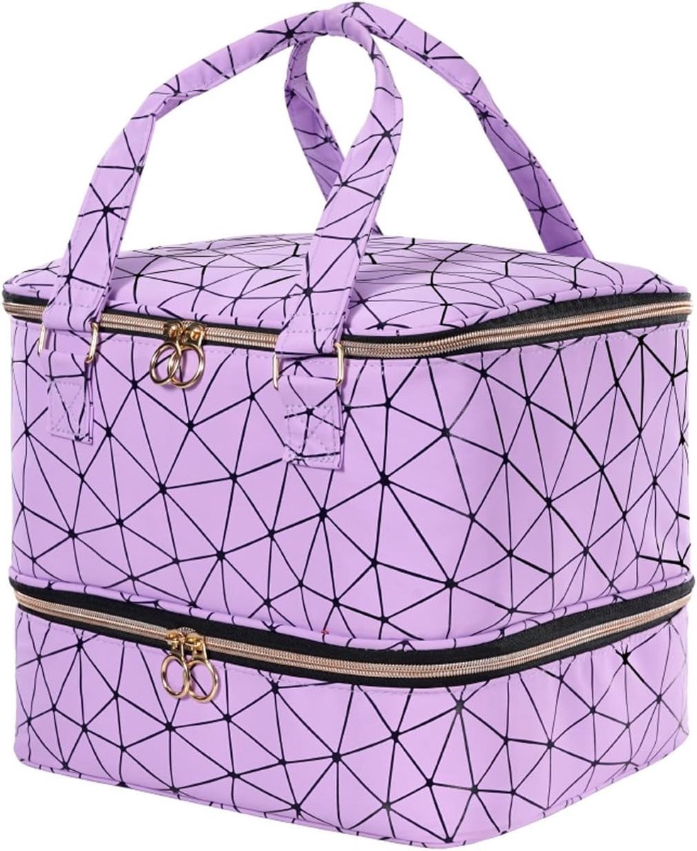 Nail Polish Organizer Tas voor Nagellak en Nagellamp, Opbergdoos voor Gel Nagellak en Nagelbenodigdheden, Handige en Ruime Opbergoplossing in Paars met Ruitpatroon