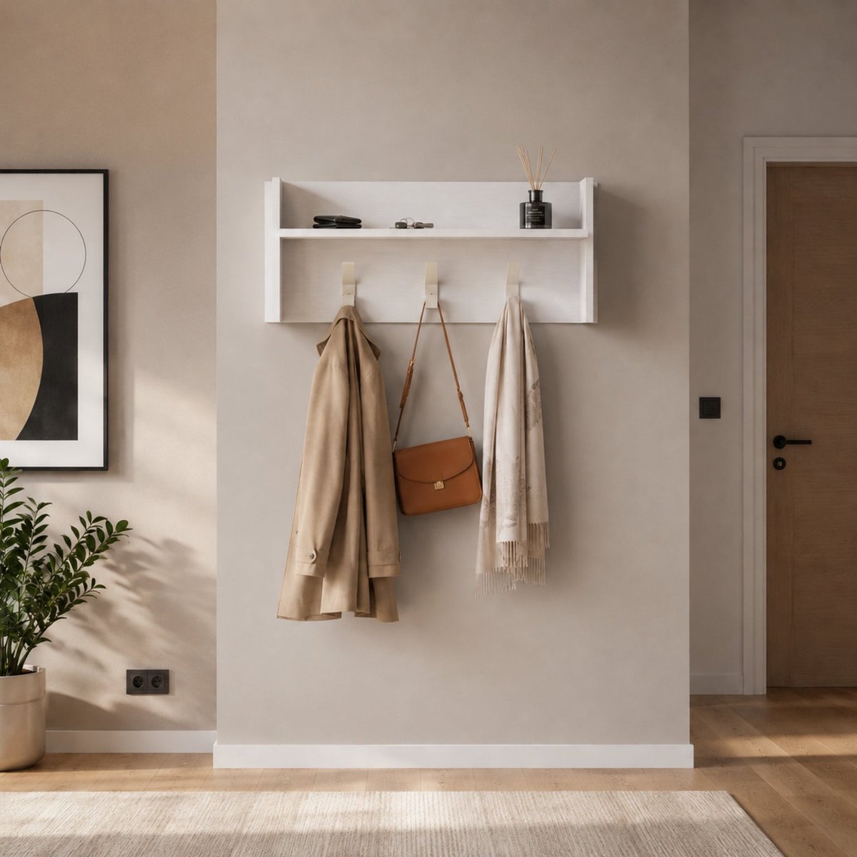 The White Stone Witte Wandkapstok met Plank en 3 Haken | Moderne Ruimtebesparende Kapstok met Opbergplank | Wand Organizer 90x29x34 cm