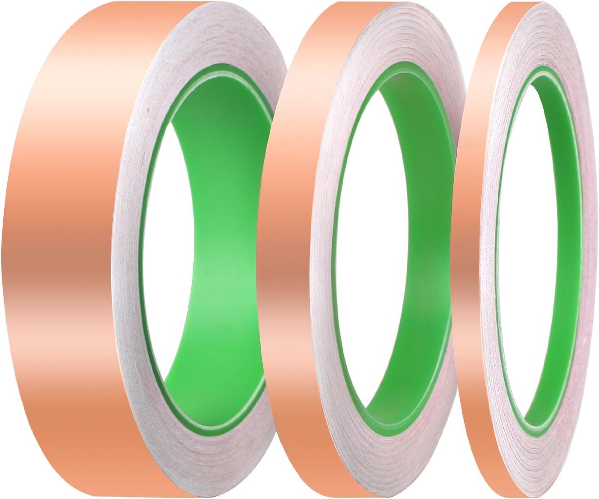 3 rollen zelfklevende koperen tape, 20 m x 6 mm/12 mm/25 mm, koperband tegen slakken, dubbelzijdig geleidend, voor EMI-afscherming, elektrische reparaties, solderen, doe-het-zelvers