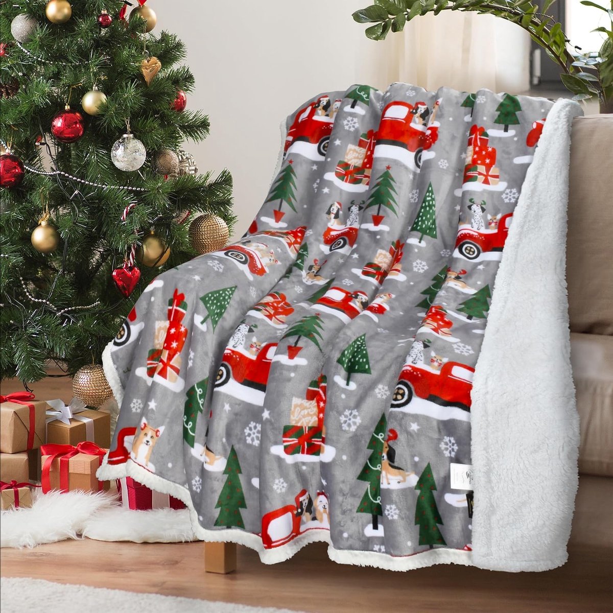 Classy Bankdeken met dubbel micropluche sherpa-fleece, superzacht, geschikt voor alle seizoenen, wollige pluche, knuffelige, dikke bankdeken, kerstshirt, 150 x 130 cm